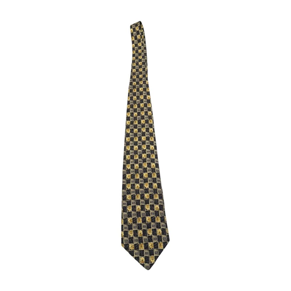Geoffrey Beene Mens Necktie 100% Silk Black Gold Floral Checkered Classic Formal - Picture 4 of 6